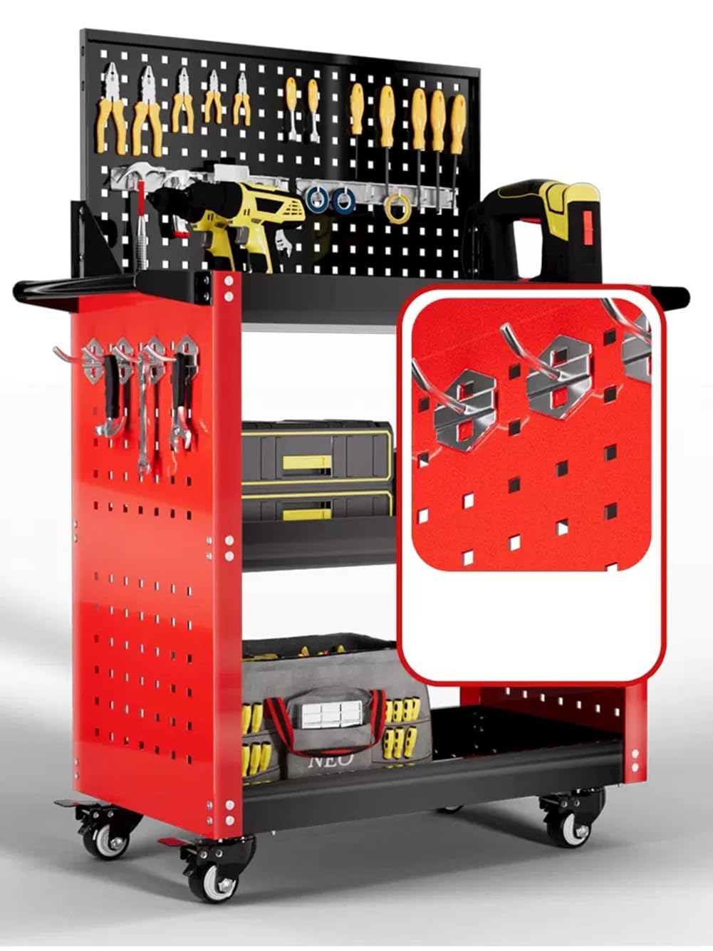 ツールワゴン ツールカート 工具ワゴン 工具カート 3段 キャスター付 ドライバーホール メッシュパネル 側面プレート 耐荷重195KG 360度回転 ハンドル レッド フック付き DIY ガレージ ツールワゴン ツールカート 工具ワゴン 工具カート 3段 キャスター付 ドライバーホール メッシュパネル 側面プレート 耐荷重195KG 360度回転 ハンドル レッド フック付き DIY ガレージ
