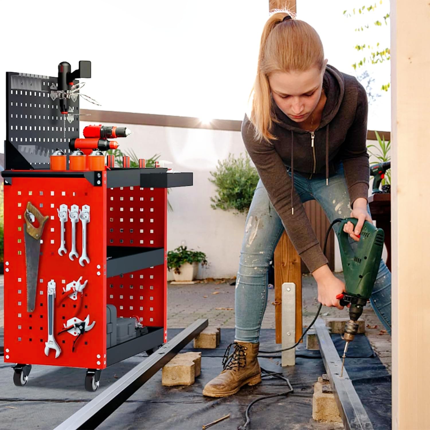 ツールワゴン ツールカート 工具ワゴン 工具カート 3段 キャスター付 ドライバーホール メッシュパネル 側面プレート 耐荷重195KG 360度回転 ハンドル レッド フック付き DIY ガレージ ツールワゴン ツールカート 工具ワゴン 工具カート 3段 キャスター付 ドライバーホール メッシュパネル 側面プレート 耐荷重195KG 360度回転 ハンドル レッド フック付き DIY ガレージ