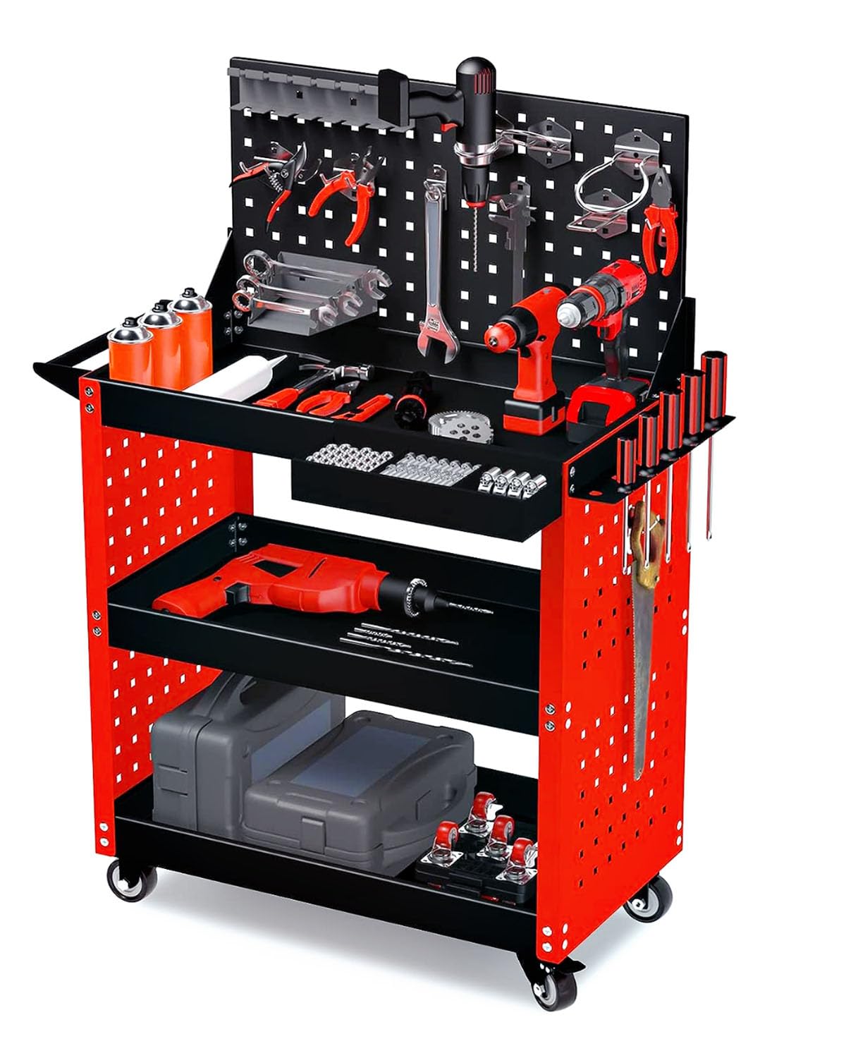 ツールワゴン ツールカート 工具ワゴン 工具カート 3段 キャスター付 ドライバーホール メッシュパネル 側面プレート 耐荷重195KG 360度回転 ハンドル レッド フック付き DIY ガレージ ツールワゴン ツールカート 工具ワゴン 工具カート 3段 キャスター付 ドライバーホール メッシュパネル 側面プレート 耐荷重195KG 360度回転 ハンドル レッド フック付き DIY ガレージ