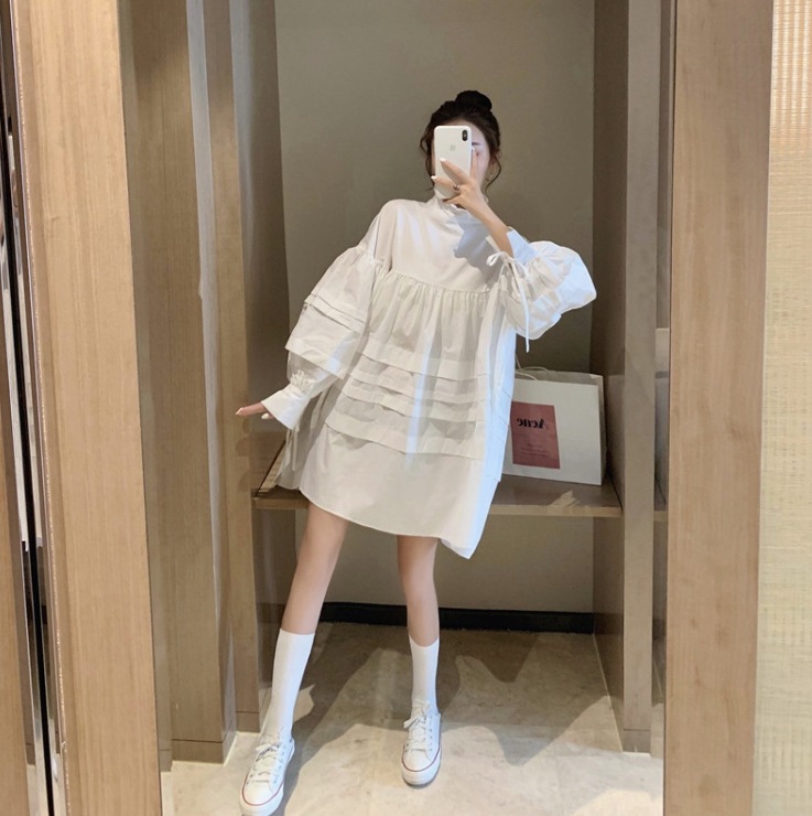 ワンピース ミニ丈 長袖 レディース 春 無地 ホワイト ブラック 2色