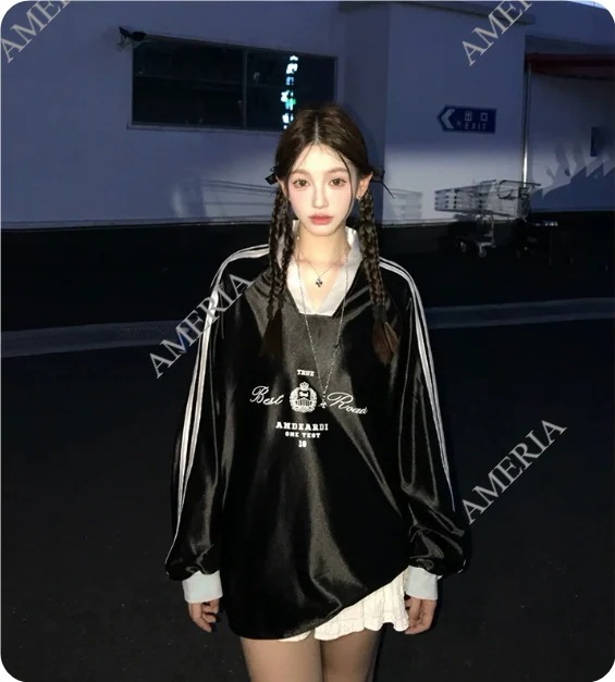 Y2K 長袖 Tシャツ スポーティ Vネック ルーズフィット 可愛い 3日で出荷】スポーツスタイル 長袖 Tシャツ Vネック 夏 秋 冬