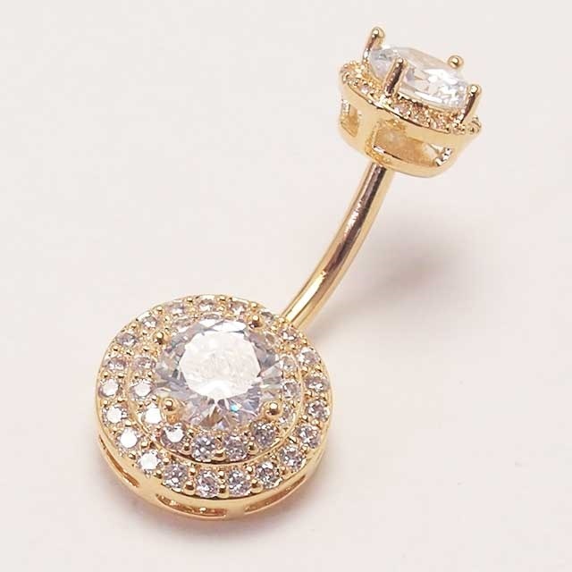 ヘソピアス 14G ダブルティア ラウンドジュエル CZ インターナル バナナバーベル