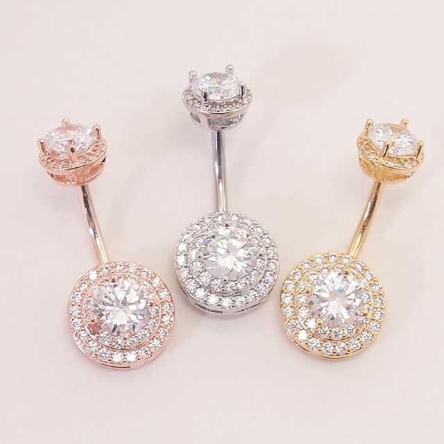 ヘソピアス 14G ダブルティア ラウンドジュエル CZ インターナル バナナバーベル