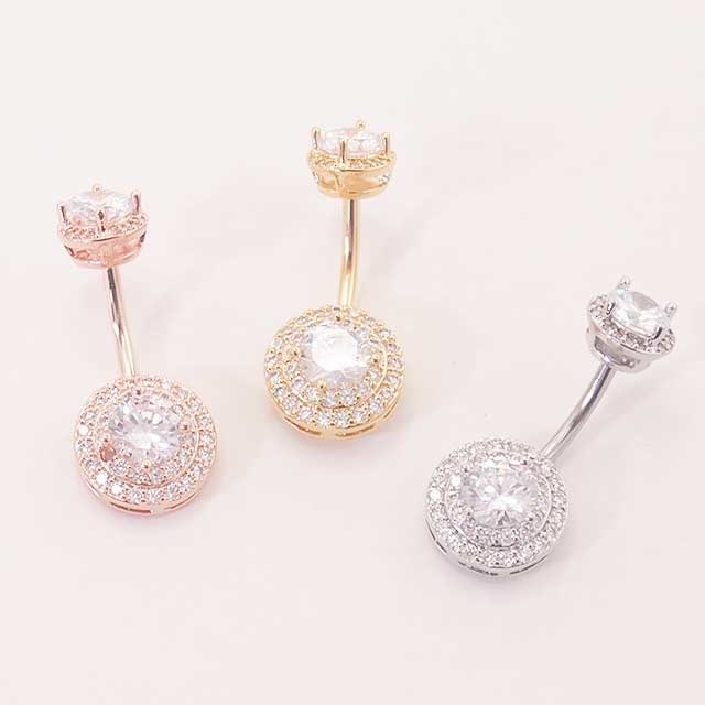 ヘソピアス 14G ダブルティア ラウンドジュエル CZ インターナル バナナバーベル