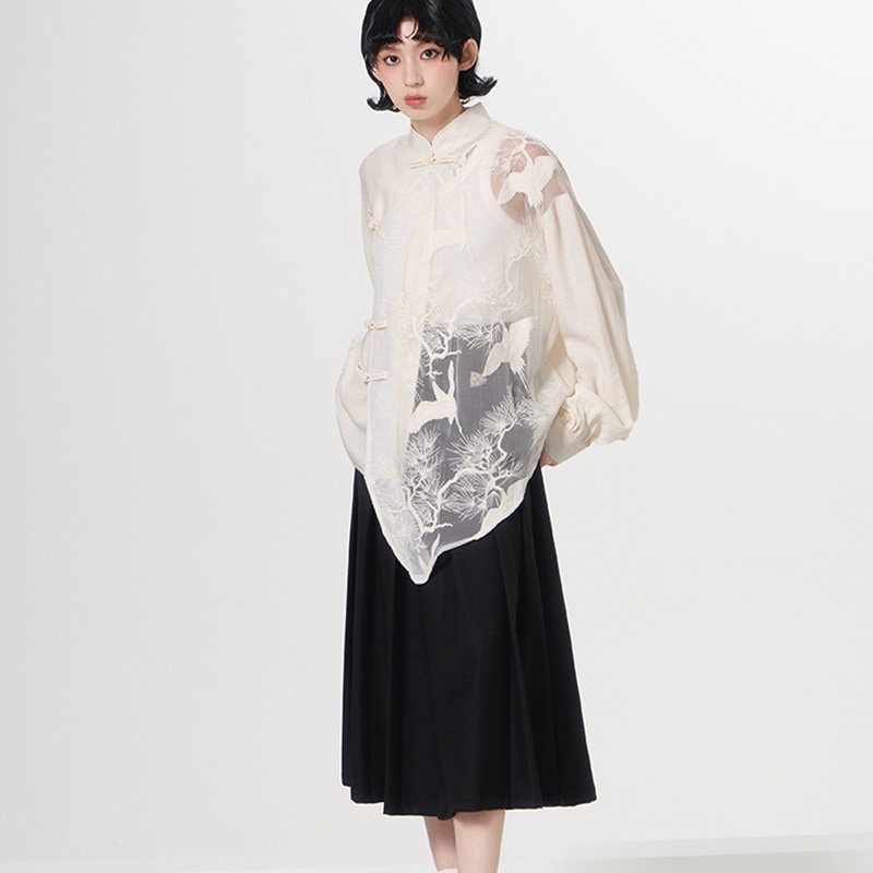 切り替えシャツ ブラウス 長袖 チャイナ風シャツ レディース 立ち襟ブラウス チャイナボタン 鶴 不規則 個性的 切り替えシャツ ブラウス 長袖 チャイナ風シャツ レディース 立ち襟ブラウス チャイナボタン 鶴 不規則 個性的