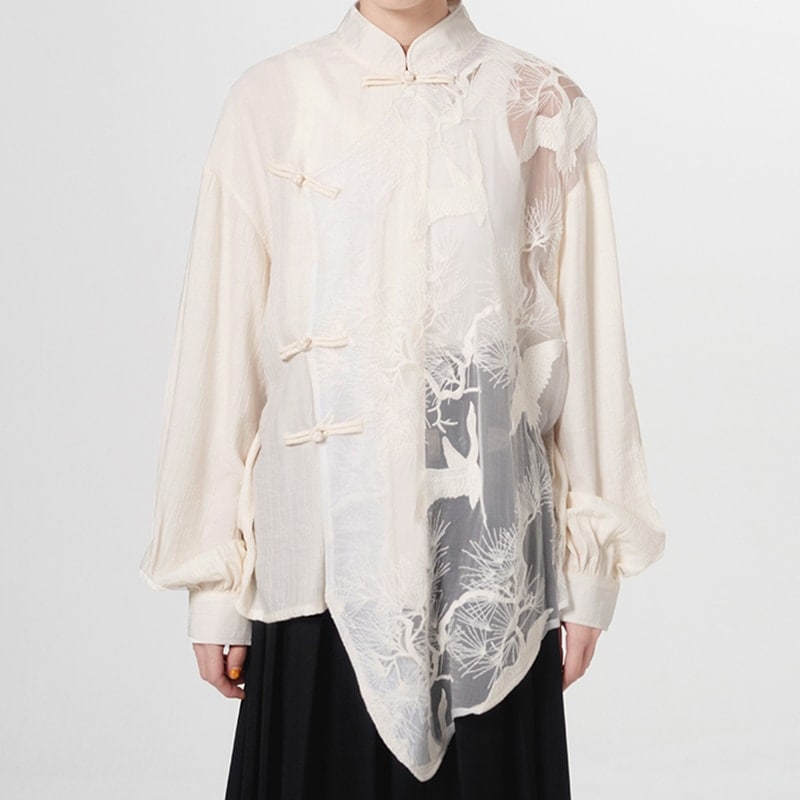 切り替えシャツ ブラウス 長袖 チャイナ風シャツ レディース 立ち襟ブラウス チャイナボタン 鶴 不規則 個性的 切り替えシャツ ブラウス 長袖 チャイナ風シャツ レディース 立ち襟ブラウス チャイナボタン 鶴 不規則 個性的
