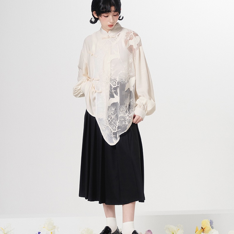 切り替えシャツ ブラウス 長袖 チャイナ風シャツ レディース 立ち襟ブラウス チャイナボタン 鶴 不規則 個性的 切り替えシャツ ブラウス 長袖 チャイナ風シャツ レディース 立ち襟ブラウス チャイナボタン 鶴 不規則 個性的