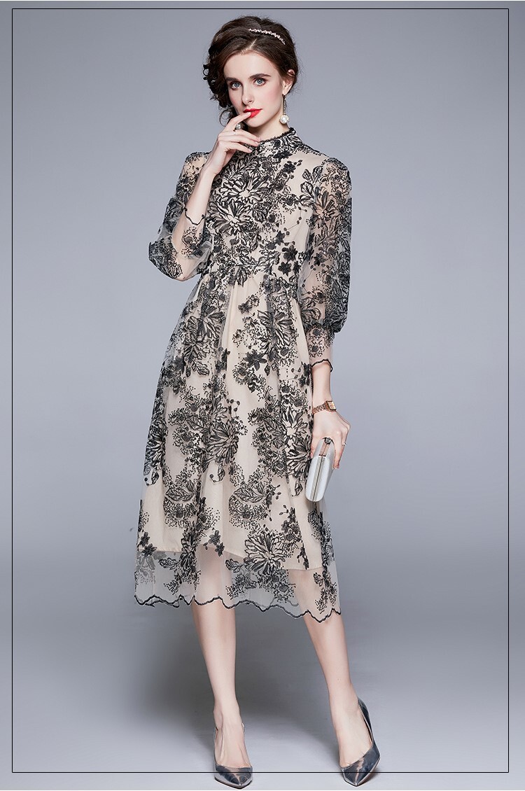 レディース ワンピース ドレス 膝下 ミモレ ロング 7分袖 パフスリーブ バルーン袖 ハイネック 襟なし セミフレア ストレート フェミニン タック 刺繍 ウエストマーク ハイウエスト 透け感 薄手 レディース ワンピース ドレス 膝下 ミモレ ロング 7分袖 パフスリーブ バルーン袖 ハイネック 襟なし セミフレア ストレート フェミニン タック 刺繍 ウエストマーク ハイウエスト 透け感 薄手