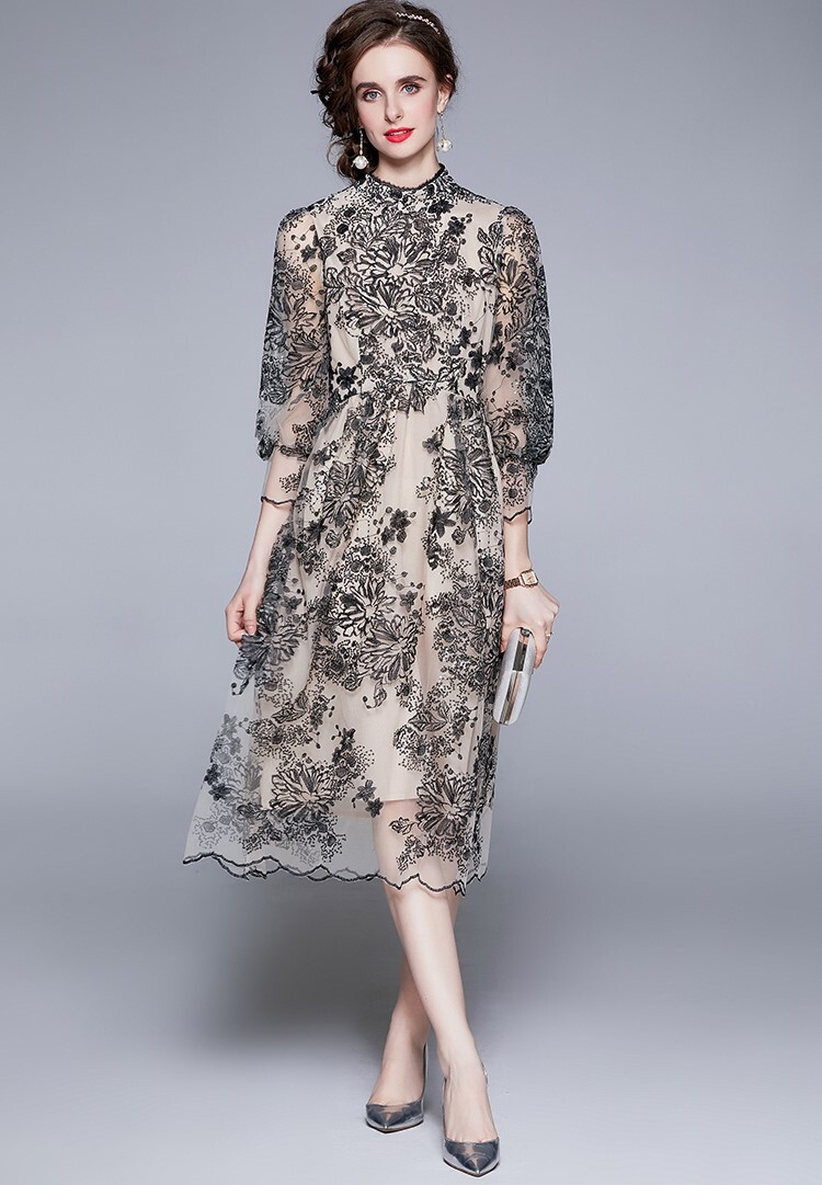 レディース ワンピース ドレス 膝下 ミモレ ロング 7分袖 パフスリーブ バルーン袖 ハイネック 襟なし セミフレア ストレート フェミニン タック 刺繍 ウエストマーク ハイウエスト 透け感 薄手 レディース ワンピース ドレス 膝下 ミモレ ロング 7分袖 パフスリーブ バルーン袖 ハイネック 襟なし セミフレア ストレート フェミニン タック 刺繍 ウエストマーク ハイウエスト 透け感 薄手