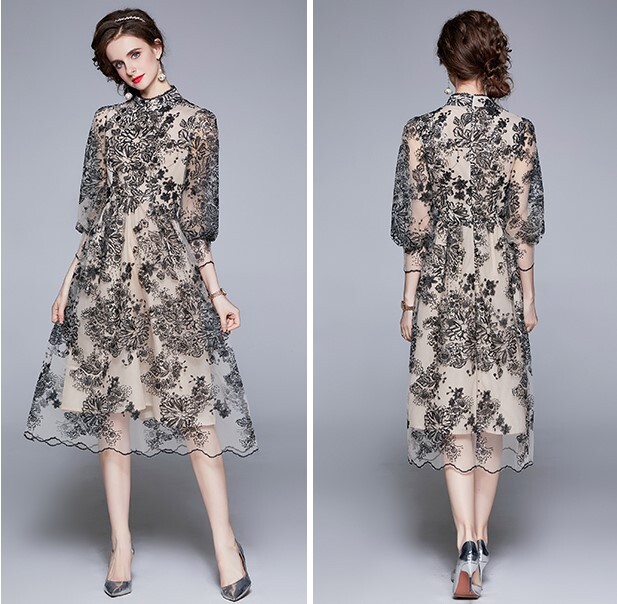 レディース ワンピース ドレス 膝下 ミモレ ロング 7分袖 パフスリーブ バルーン袖 ハイネック 襟なし セミフレア ストレート フェミニン タック 刺繍 ウエストマーク ハイウエスト 透け感 薄手 レディース ワンピース ドレス 膝下 ミモレ ロング 7分袖 パフスリーブ バルーン袖 ハイネック 襟なし セミフレア ストレート フェミニン タック 刺繍 ウエストマーク ハイウエスト 透け感 薄手