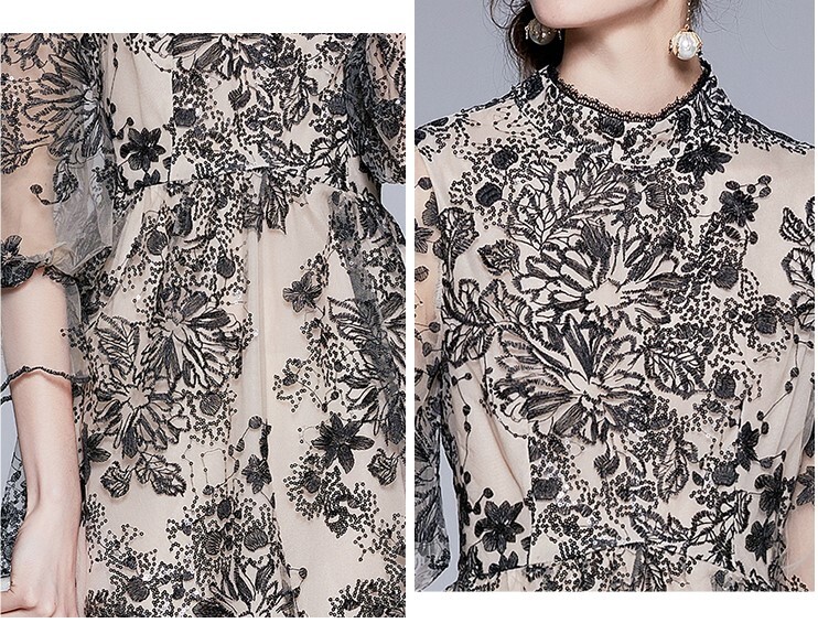 レディース ワンピース ドレス 膝下 ミモレ ロング 7分袖 パフスリーブ バルーン袖 ハイネック 襟なし セミフレア ストレート フェミニン タック 刺繍 ウエストマーク ハイウエスト 透け感 薄手 レディース ワンピース ドレス 膝下 ミモレ ロング 7分袖 パフスリーブ バルーン袖 ハイネック 襟なし セミフレア ストレート フェミニン タック 刺繍 ウエストマーク ハイウエスト 透け感 薄手