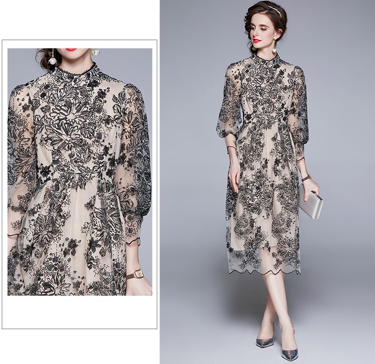 レディース ワンピース ドレス 膝下 ミモレ ロング 7分袖 パフスリーブ バルーン袖 ハイネック 襟なし セミフレア ストレート フェミニン タック 刺繍 ウエストマーク ハイウエスト 透け感 薄手 レディース ワンピース ドレス 膝下 ミモレ ロング 7分袖 パフスリーブ バルーン袖 ハイネック 襟なし セミフレア ストレート フェミニン タック 刺繍 ウエストマーク ハイウエスト 透け感 薄手