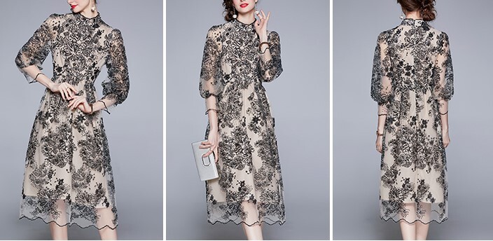 レディース ワンピース ドレス 膝下 ミモレ ロング 7分袖 パフスリーブ バルーン袖 ハイネック 襟なし セミフレア ストレート フェミニン タック 刺繍 ウエストマーク ハイウエスト 透け感 薄手 レディース ワンピース ドレス 膝下 ミモレ ロング 7分袖 パフスリーブ バルーン袖 ハイネック 襟なし セミフレア ストレート フェミニン タック 刺繍 ウエストマーク ハイウエスト 透け感 薄手