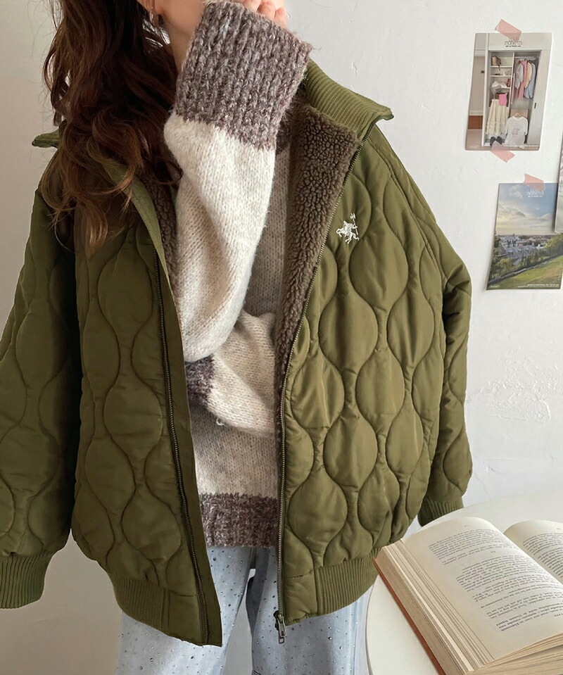 アウター ジャケット レディース 軽くて 暖か 衿リブ ハイネック キルティング ダブルジップ ワンポイント 刺繍 ブルゾン ボリューム シルエット ゆるっと オーバーサイズ 大きいサイズ