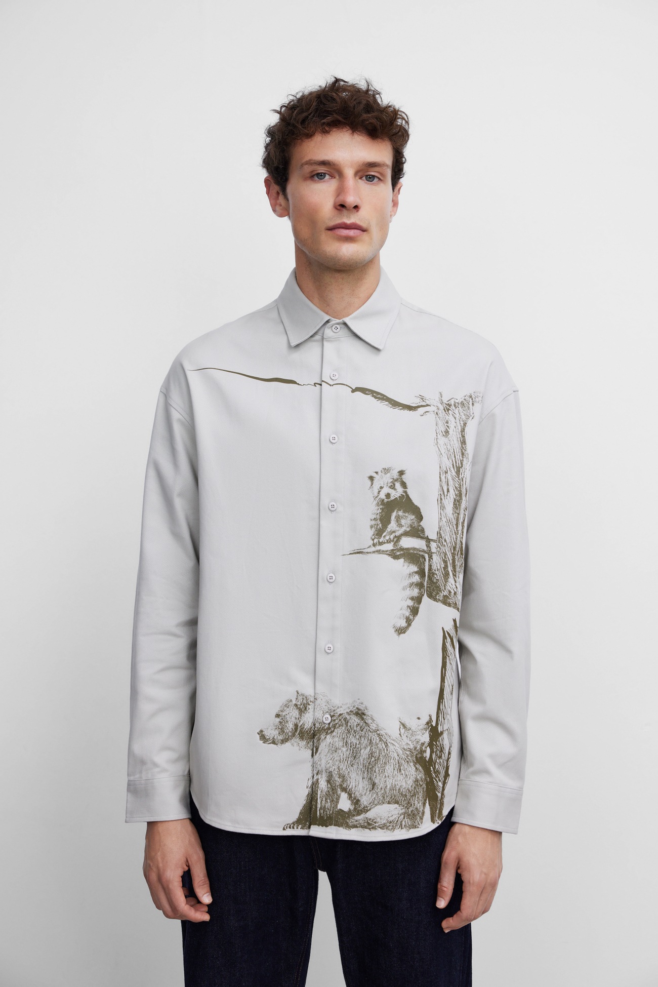 冬 メンズ ファッション 個性 プリント ルーズ コットン長袖シャツ 動物柄 個性的なデザイン カーキ S M L トップス シャツ 白シャツ 袖あり 長袖 きれいめ シンプル 大人 上品 おしゃれ