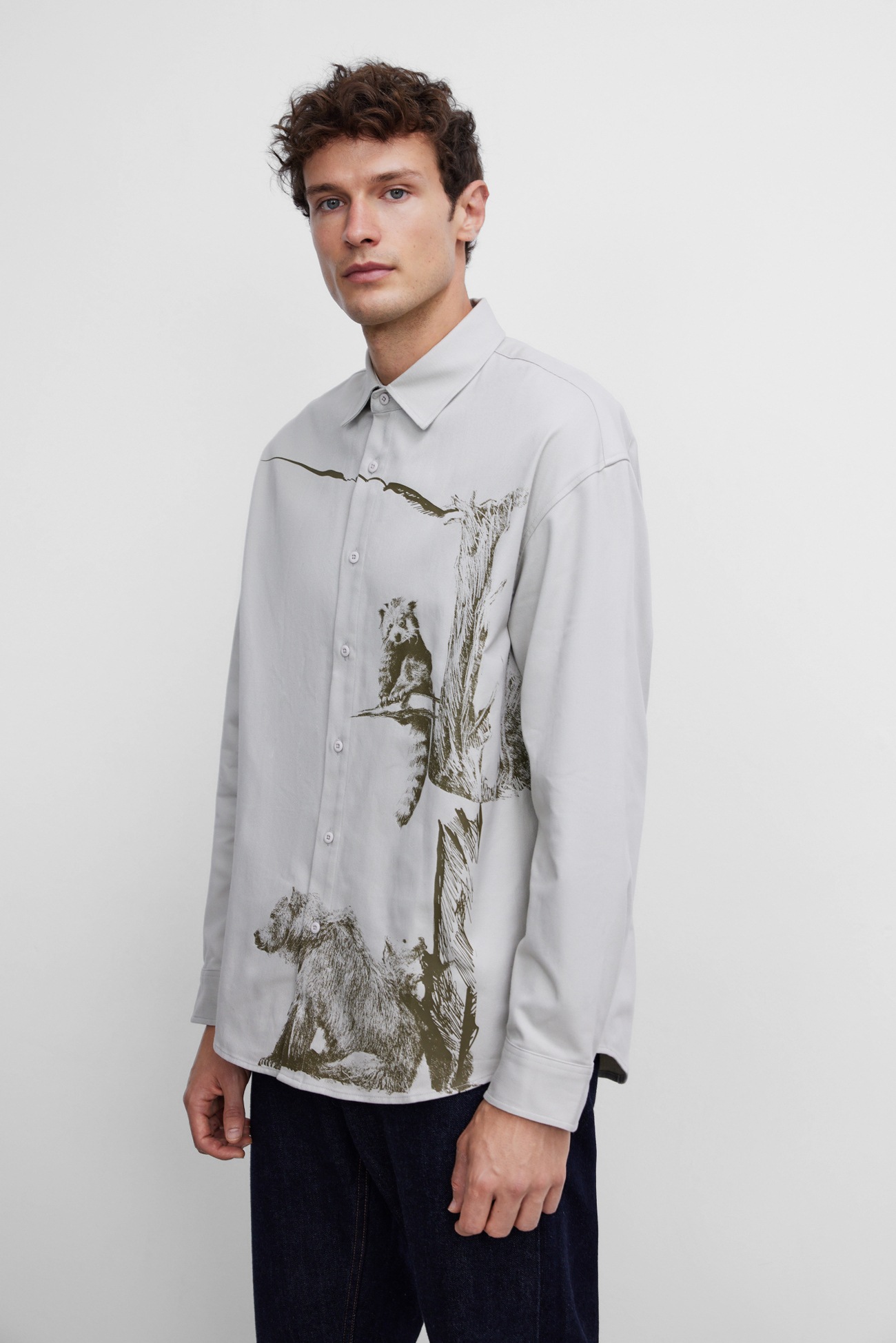 冬 メンズ ファッション 個性 プリント ルーズ コットン長袖シャツ 動物柄 個性的なデザイン カーキ S M L トップス シャツ 白シャツ 袖あり 長袖 きれいめ シンプル 大人 上品 おしゃれ