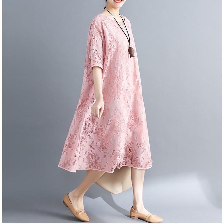 【夏セール！】ワンピース チュニック レースワンピースレディース 五分袖 夏 ロング丈 花柄 Aライン 体型カバー 大きいサイズ ゆったり ナチュラルレース 夏コーデ