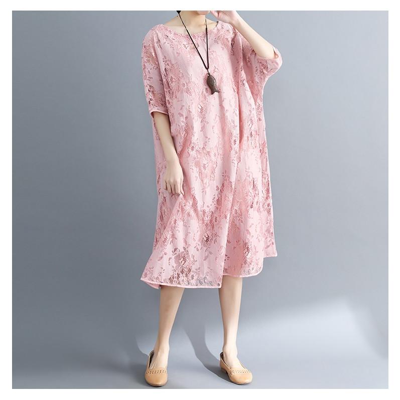 【夏セール！】ワンピース チュニック レースワンピースレディース 五分袖 夏 ロング丈 花柄 Aライン 体型カバー 大きいサイズ ゆったり ナチュラルレース 夏コーデ