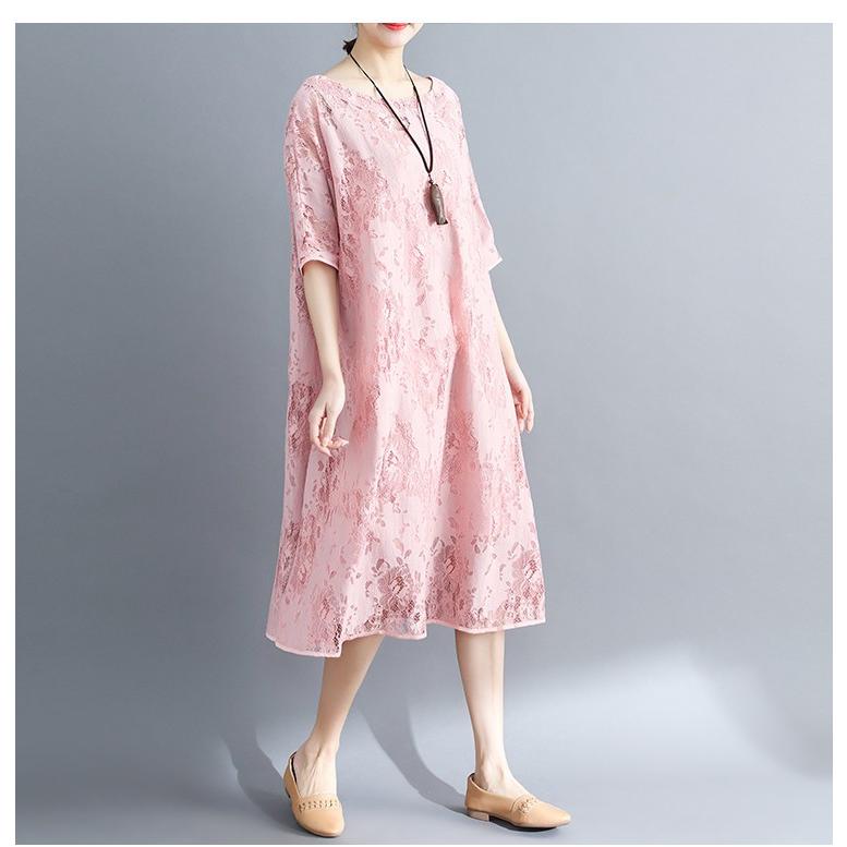 【夏セール！】ワンピース チュニック レースワンピースレディース 五分袖 夏 ロング丈 花柄 Aライン 体型カバー 大きいサイズ ゆったり ナチュラルレース 夏コーデ