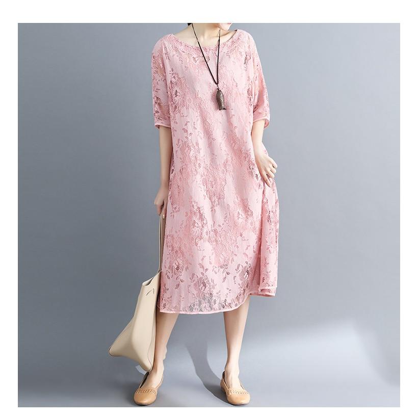 【夏セール！】ワンピース チュニック レースワンピースレディース 五分袖 夏 ロング丈 花柄 Aライン 体型カバー 大きいサイズ ゆったり ナチュラルレース 夏コーデ
