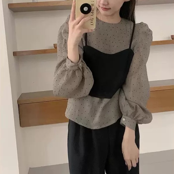 トップス レディース ドット柄 ふんわり ブラウス ビスチェ 2点セット シアーシャツ 個性的 春服 秋服 袖あり 長袖 パフスリーブ バルーン袖 ラウンドネック インスタ映え モテ 流行 トップス レディース ドット柄 ふんわり ブラウス ビスチェ 2点セット シアーシャツ 個性的 春服 秋服 袖あり 長袖 パフスリーブ バルーン袖 ラウンドネック インスタ映え モテ 流行