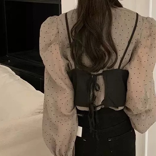 トップス レディース ドット柄 ふんわり ブラウス ビスチェ 2点セット シアーシャツ 個性的 春服 秋服 袖あり 長袖 パフスリーブ バルーン袖 ラウンドネック インスタ映え モテ 流行 トップス レディース ドット柄 ふんわり ブラウス ビスチェ 2点セット シアーシャツ 個性的 春服 秋服 袖あり 長袖 パフスリーブ バルーン袖 ラウンドネック インスタ映え モテ 流行