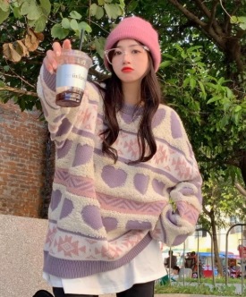 レディース トップス ニット セーター プルオーバー 長袖 萌袖 ラウンドネック クルーネック 襟なし ノーカラー かわいい ラフ ガーリー キュート ハート柄 総柄 秋 冬 10代 20代 学生 レディース トップス ニット セーター プルオーバー 長袖 萌袖 ラウンドネック クルーネック 襟なし ノーカラー かわいい ラフ ガーリー キュート ハート柄 総柄 秋 冬 10代 20代 学生