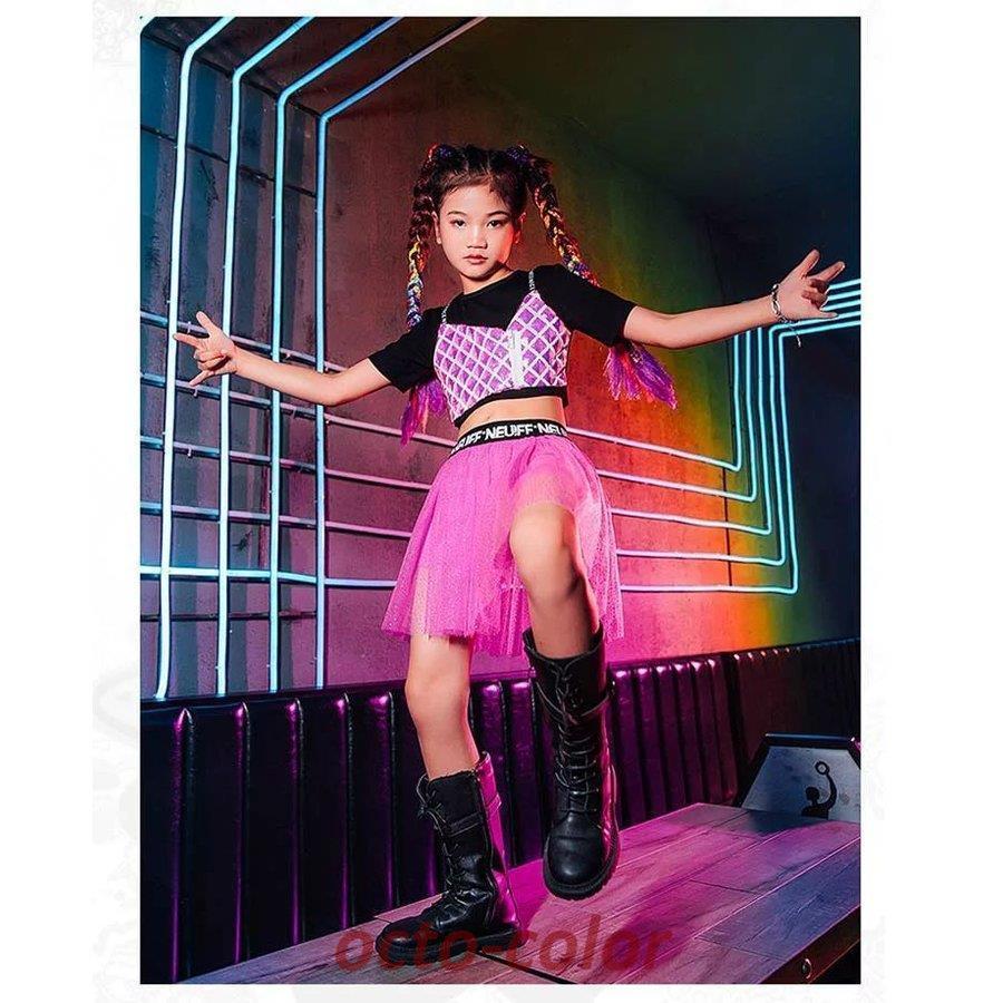 キッズダンス衣装 可愛い ピンク スパンコール スーツ ジャズダンス チアガール ヒップホップ へそ出し 韓国 HIPHOP 練習着 体操服 ステージ衣装 応援団 発表会