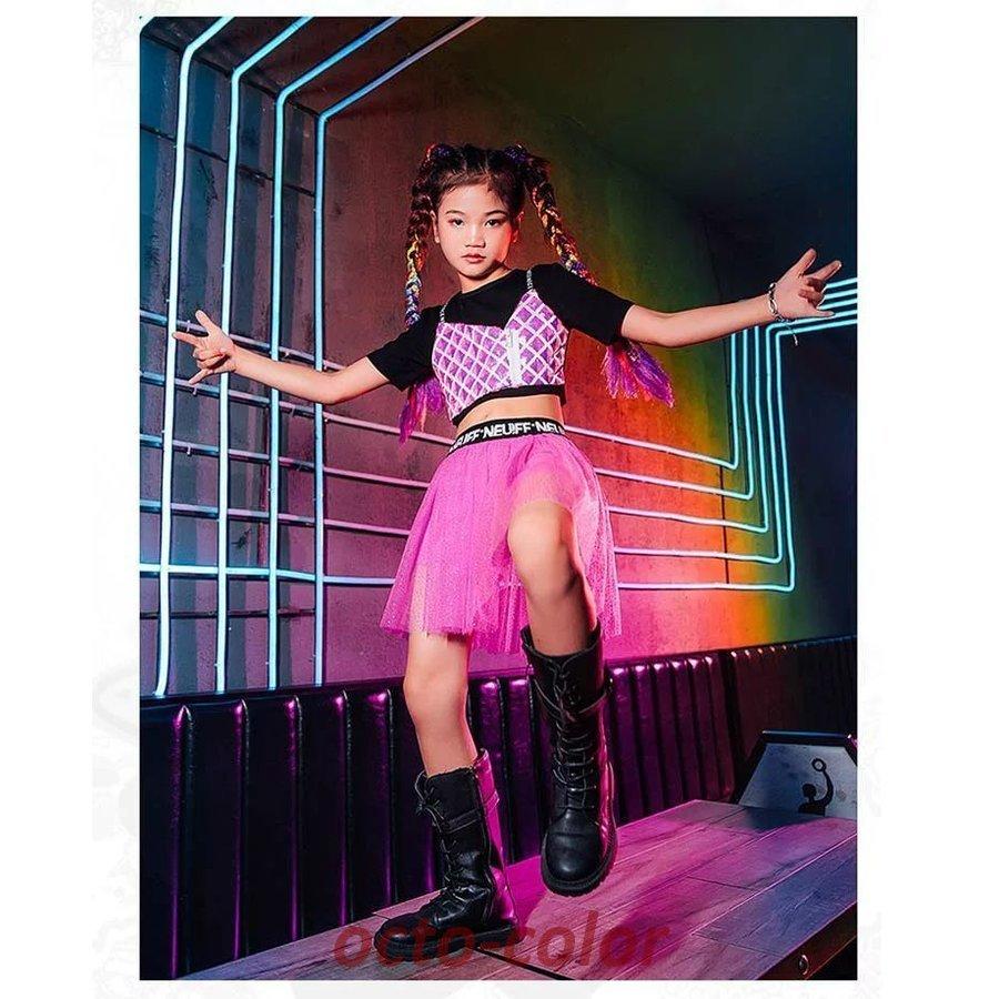 キッズダンス衣装 可愛い ピンク スパンコール スーツ ジャズダンス チアガール ヒップホップ へそ出し 韓国 HIPHOP 練習着 体操服 ステージ衣装 応援団 発表会