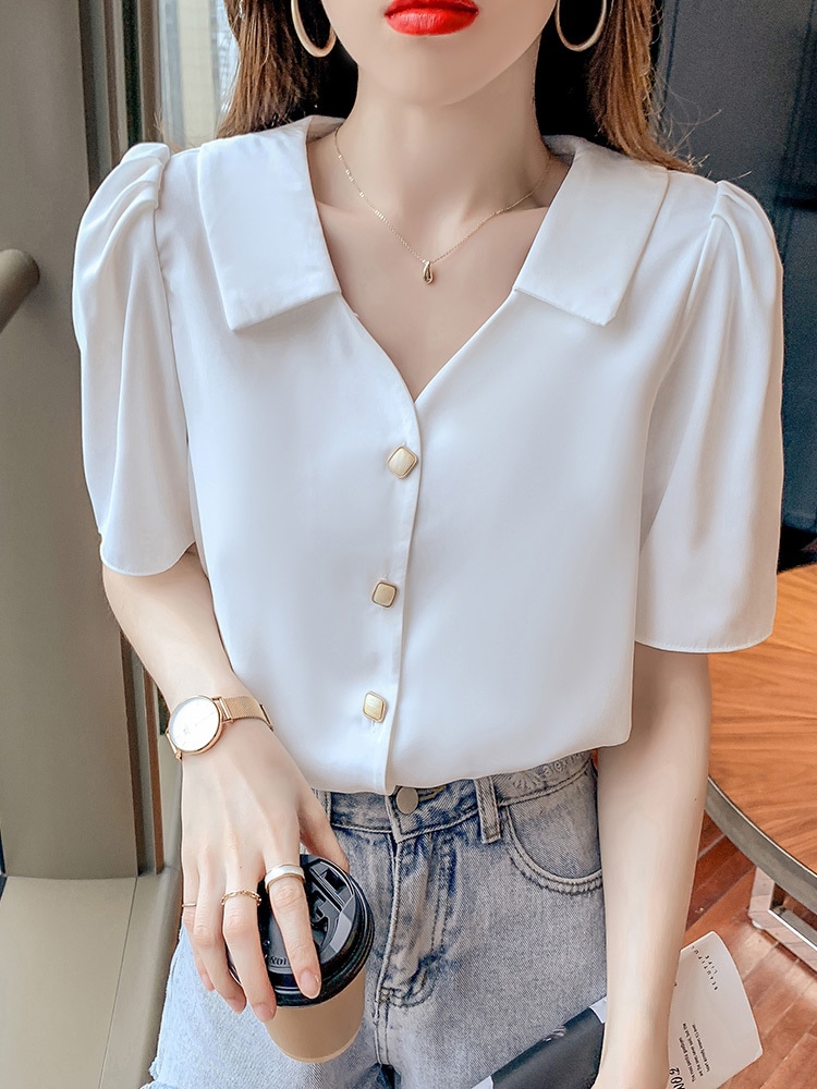 トップス シャツ ブラウス 袖あり 半袖 Vネック 襟付き シフォン 快適 着心地 かわいい 大人可愛い きれいめ シンプル カジュアル 大人 上品 おしゃれ レトロ 大人女子 こなれ感 ラフ