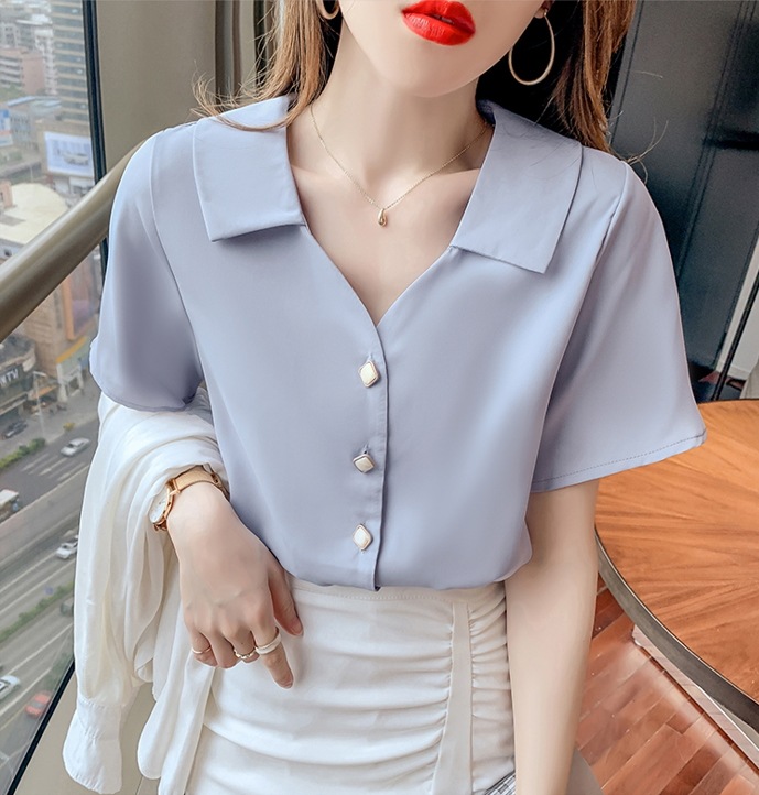 トップス シャツ ブラウス 袖あり 半袖 Vネック 襟付き シフォン 快適 着心地 かわいい 大人可愛い きれいめ シンプル カジュアル 大人 上品 おしゃれ レトロ 大人女子 こなれ感 ラフ