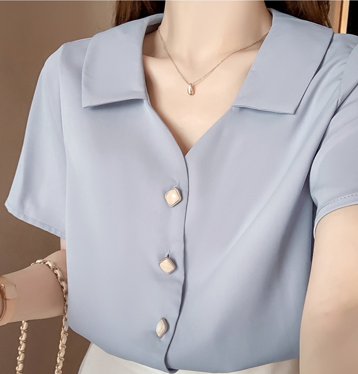 トップス シャツ ブラウス 袖あり 半袖 Vネック 襟付き シフォン 快適 着心地 かわいい 大人可愛い きれいめ シンプル カジュアル 大人 上品 おしゃれ レトロ 大人女子 こなれ感 ラフ