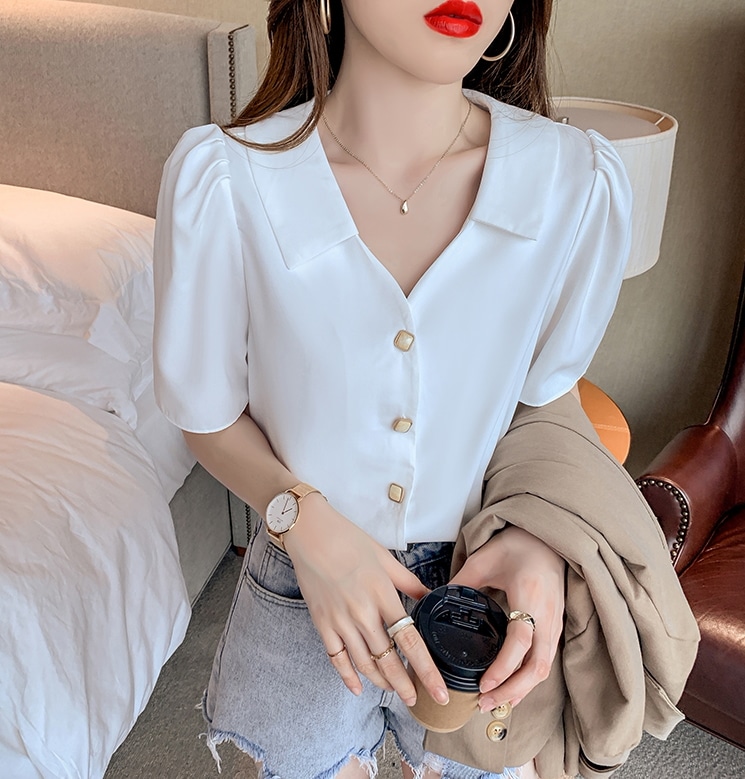 トップス シャツ ブラウス 袖あり 半袖 Vネック 襟付き シフォン 快適 着心地 かわいい 大人可愛い きれいめ シンプル カジュアル 大人 上品 おしゃれ レトロ 大人女子 こなれ感 ラフ