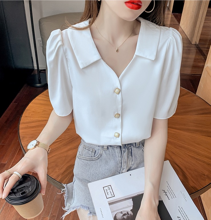 トップス シャツ ブラウス 袖あり 半袖 Vネック 襟付き シフォン 快適 着心地 かわいい 大人可愛い きれいめ シンプル カジュアル 大人 上品 おしゃれ レトロ 大人女子 こなれ感 ラフ