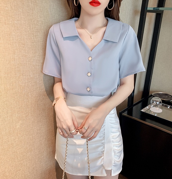 トップス シャツ ブラウス 袖あり 半袖 Vネック 襟付き シフォン 快適 着心地 かわいい 大人可愛い きれいめ シンプル カジュアル 大人 上品 おしゃれ レトロ 大人女子 こなれ感 ラフ