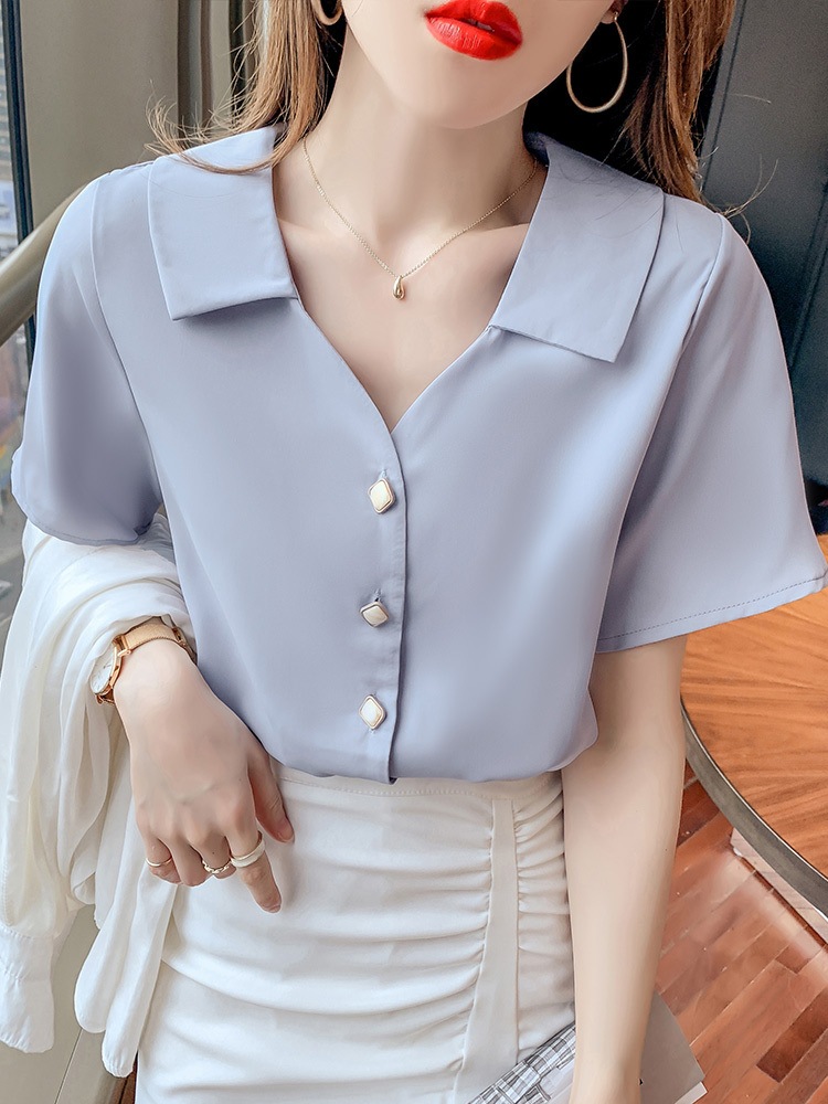 トップス シャツ ブラウス 袖あり 半袖 Vネック 襟付き シフォン 快適 着心地 かわいい 大人可愛い きれいめ シンプル カジュアル 大人 上品 おしゃれ レトロ 大人女子 こなれ感 ラフ