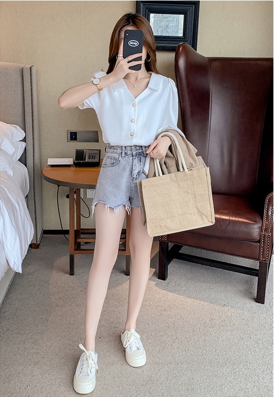 トップス シャツ ブラウス 袖あり 半袖 Vネック 襟付き シフォン 快適 着心地 かわいい 大人可愛い きれいめ シンプル カジュアル 大人 上品 おしゃれ レトロ 大人女子 こなれ感 ラフ