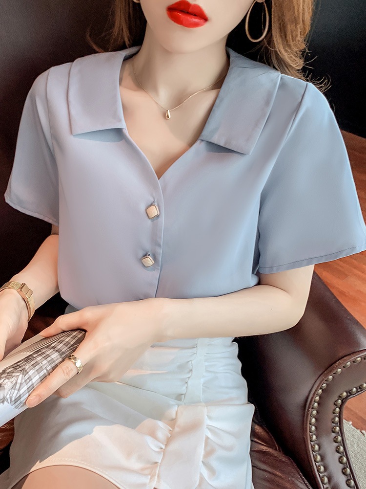 トップス シャツ ブラウス 袖あり 半袖 Vネック 襟付き シフォン 快適 着心地 かわいい 大人可愛い きれいめ シンプル カジュアル 大人 上品 おしゃれ レトロ 大人女子 こなれ感 ラフ