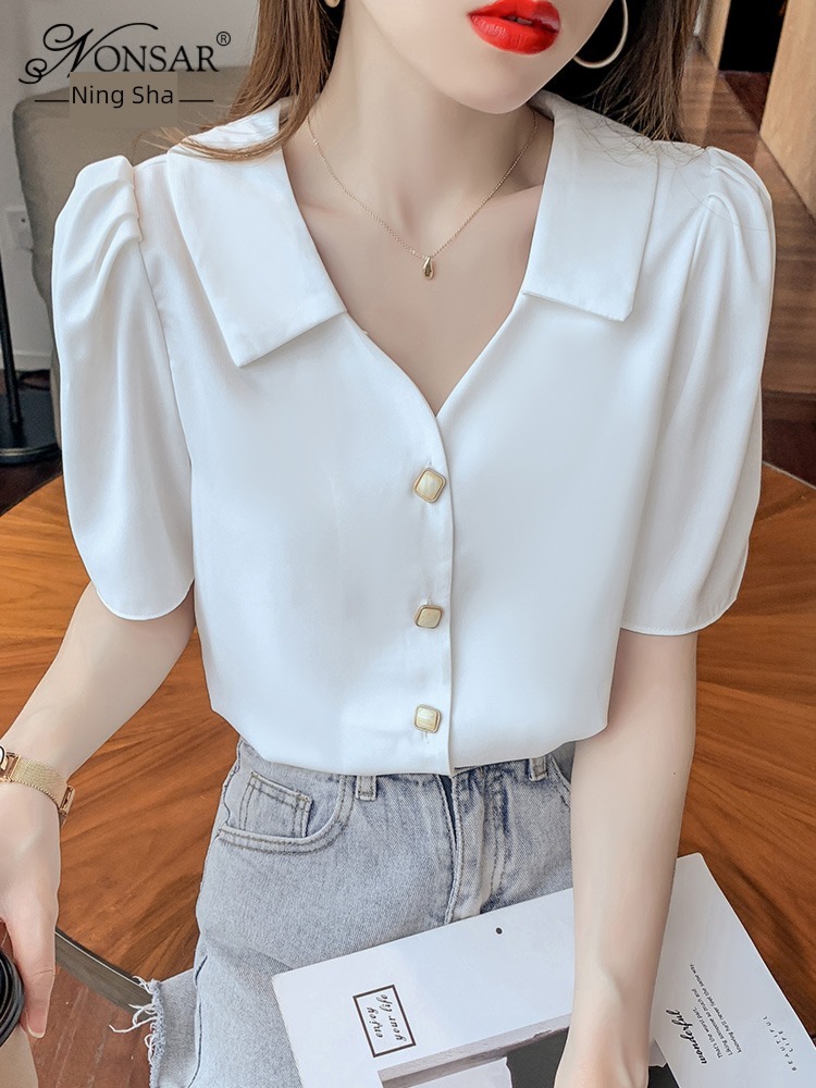 トップス シャツ ブラウス 袖あり 半袖 Vネック 襟付き シフォン 快適 着心地 かわいい 大人可愛い きれいめ シンプル カジュアル 大人 上品 おしゃれ レトロ 大人女子 こなれ感 ラフ