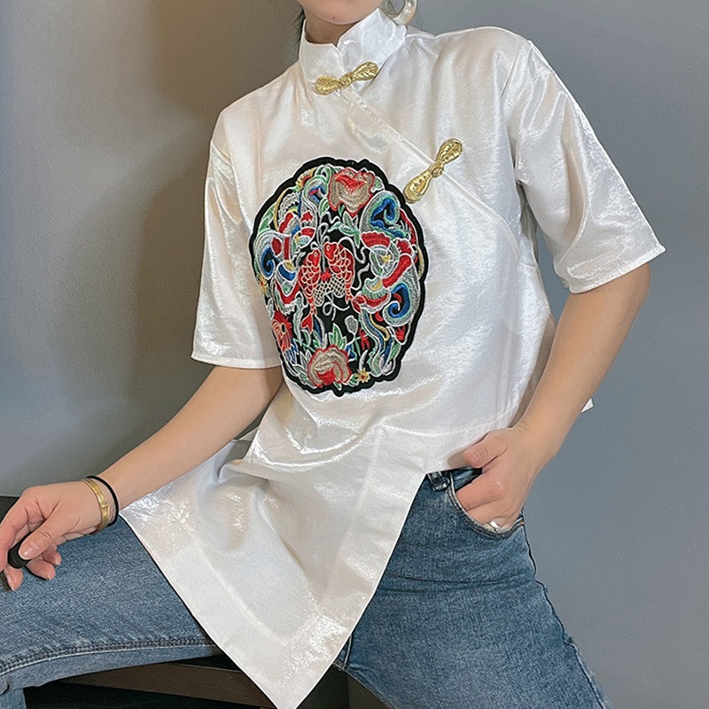 チャイナ風ブラウス レディース 夏 刺繍トップス チャイナボタン 不規則 改良唐装 立ち襟T シャツ