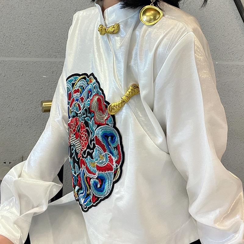チャイナ風ブラウス レディース 夏 刺繍トップス チャイナボタン 不規則 改良唐装 立ち襟T シャツ