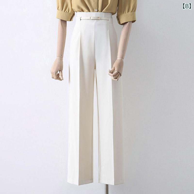 スラックス レディース ロングパンツ 薄青 白 黒 春秋 ベルト付き 上品 ドレープ ワードロープ 上品 フォーマル 脚長効果 モダン スタイルアップ ハイウエスト ワイドレッグ ストレート