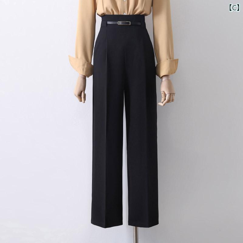 スラックス レディース ロングパンツ 薄青 白 黒 春秋 ベルト付き 上品 ドレープ ワードロープ 上品 フォーマル 脚長効果 モダン スタイルアップ ハイウエスト ワイドレッグ ストレート