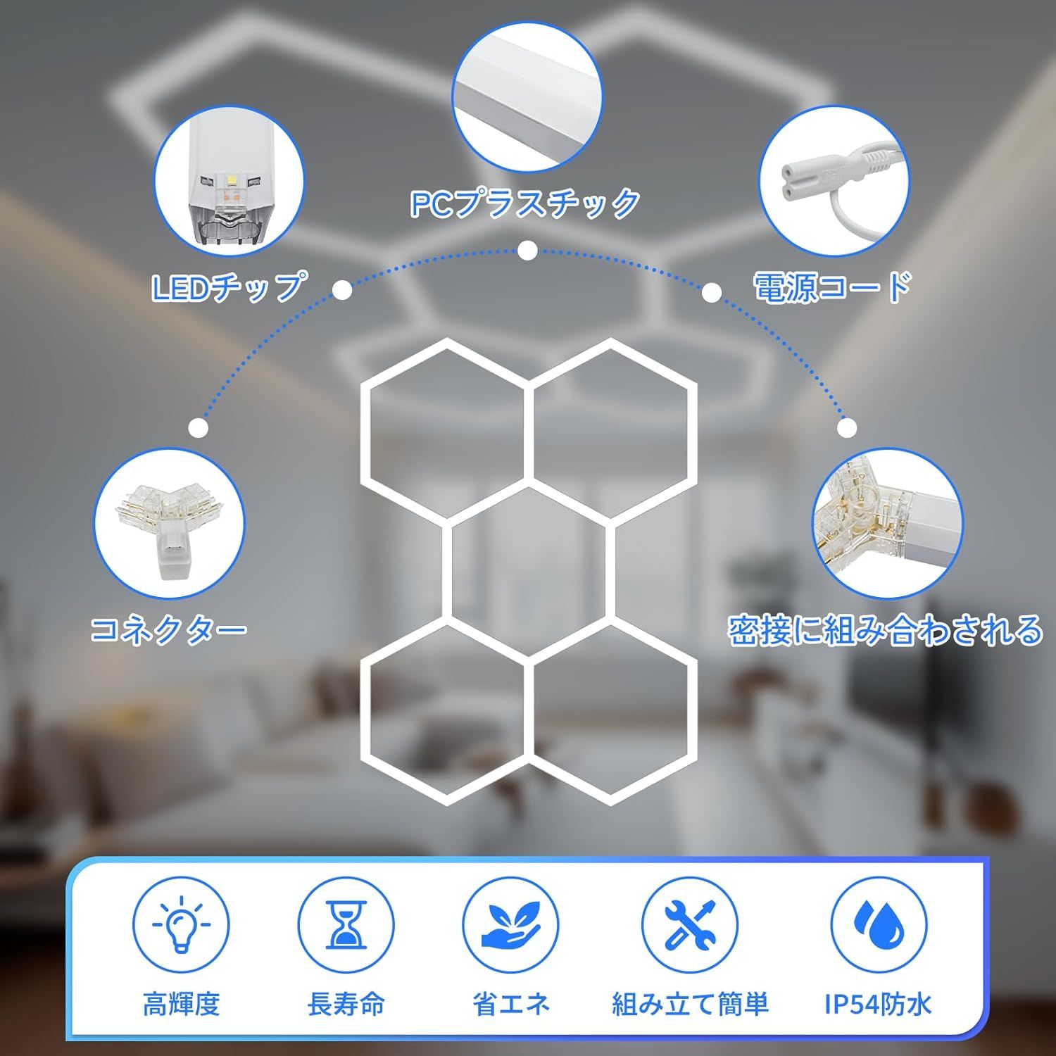 ガレージ用六角形LEDライト 5個六角形 led ガレージライト 洗車室 天井用 LEDショップライト 156W 18720LM 6500K PCプラスチック製