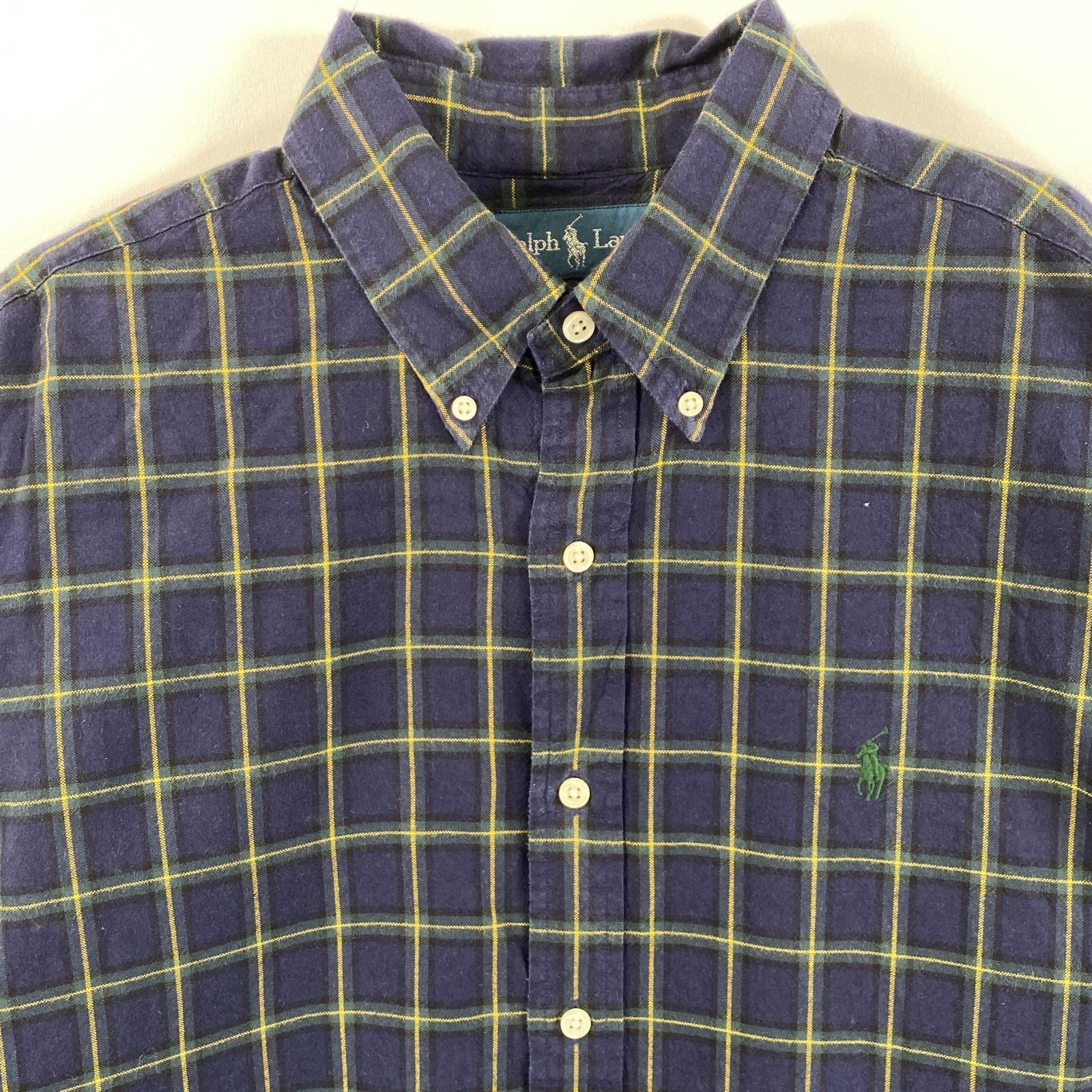 古着 長袖シャツ ロゴ刺繍 ボタンダウン ワンポイント L ネイビー系 チェック メンズ 古着 長袖シャツ ロゴ刺繍 ボタンダウン ワンポイント L ネイビー系 チェック メンズ
