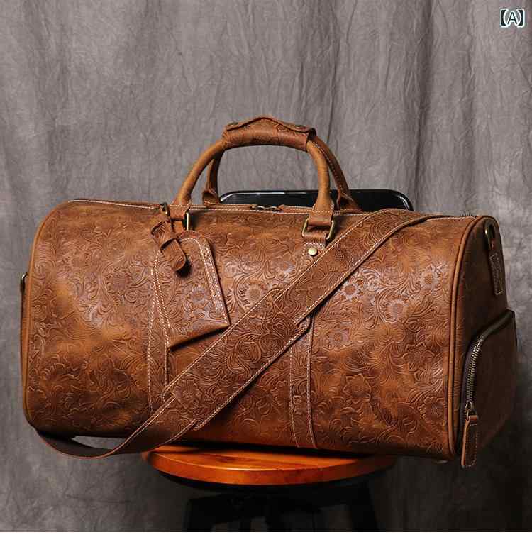 旅行　バッグ　ハンドバッグ レトロ エンボス トートバッグ大容量 革 ショート トラベル バッグ 靴 収納 衣類 ダッフルバッグ ジム
