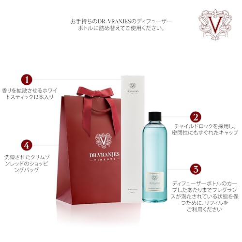 【直営】DR. VRANJES ドットール・ヴラニエス ACQUAアクアディフューザー リフィル500ml＋スティック付き ルームフレグランス エレガントなオリジナルショッピングバッグ付き メイ