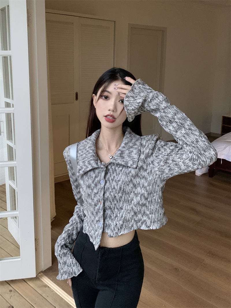 セーター ニット トップス ショート丈 襟付き 長袖 幾何学模様 大人可愛い シンプル 上品 お洒落 こなれ感 デイリー 普段使い