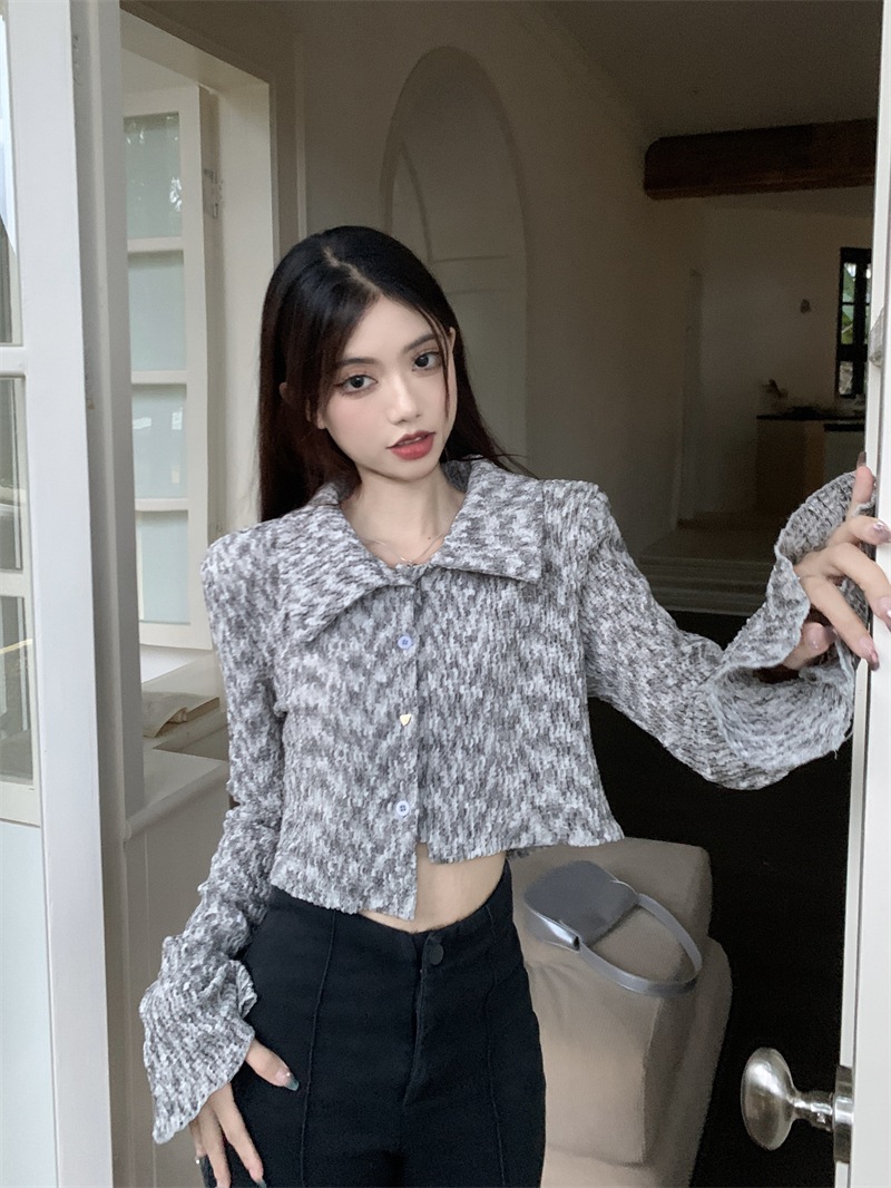 セーター ニット トップス ショート丈 襟付き 長袖 幾何学模様 大人可愛い シンプル 上品 お洒落 こなれ感 デイリー 普段使い