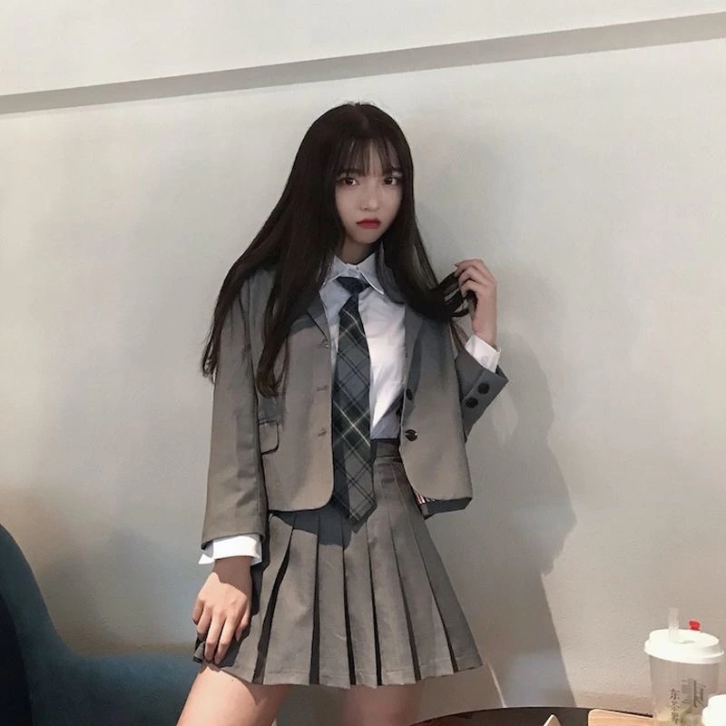 スーツ 韓国 復古学院風ネクタイシャツスーツ+プリーツスカートJK制服 3点セットコート+シャツ+スカート